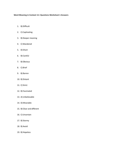 Word Meaning in Context 11+ Questions Worksheet 1 Answers