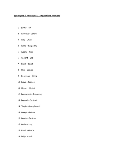 Synonyms & Antonyms 11+ Questions Answers