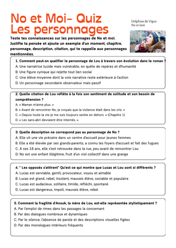 No et moi Quiz Les personnages (2 quiz + answers)