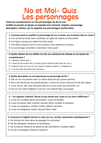 No et moi Quiz Les personnages (2 quiz + answers)