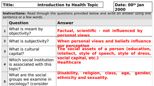 AQA A-Level Sociology: Starter Tasks for Health Topics – Paper 2
