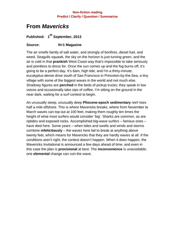 Big Wave Surfing – Mavericks Invitational Comprehension Resource Includes Extract plus answers