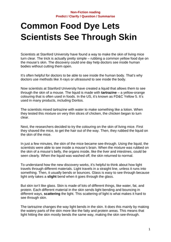 "Common Food Dye Lets Scientists See Through Skin"non-fiction reading with answers