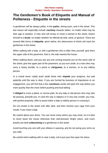 The Gentlemen’s Book of Etiquette – Differentiated Reading Comprehension & Vocabulary Resource