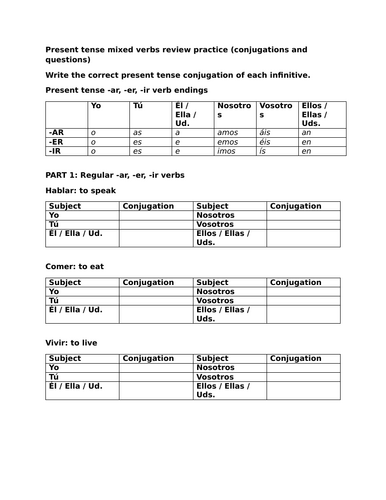 Present tense mixed verbs review practice (conjugations and questions)