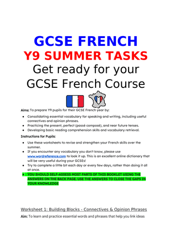 Y9 into Y10- GCSE FRENCH SUMMER TASKS - Get ready for GCSE