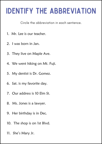Printable Abbreviations Grammar Worksheets - Abbreviations Matching for Grade 1