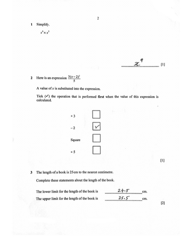 STAGE 9 PROGRESSION TEST MATHEMATICS PAPER 2 (2020) WORKED SOLUTIONS