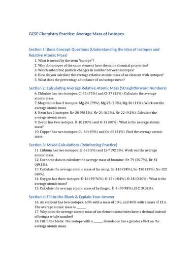 GCSE AQA chemistry - mixed questions on isotopes with answers