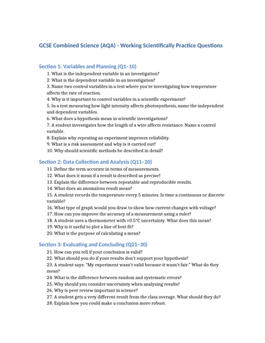 GCSE AQA science  working scientifically practice questions