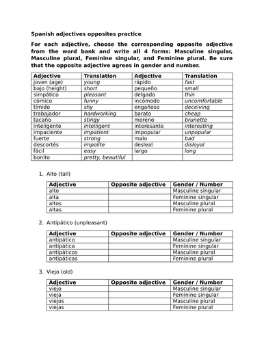 Spanish adjectives opposites practice