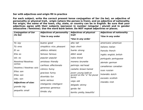 Ser with adjectives and origin fill in practice