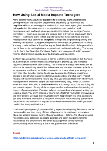 Differentiated Comprehension Questions – Social Media and Teenagers