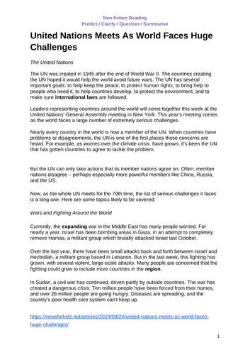 Differentiated Comprehension Questions for United Nations Article | Higher, Middle & Lower Ability