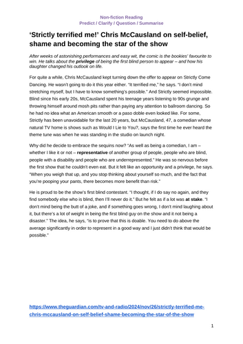 Chris McCausland Strictly Come Dancing Article – Glossary, Reading Comprehension & Discussion