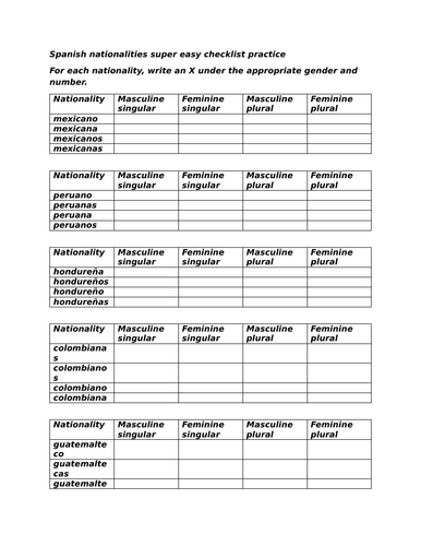 Spanish nationalities super easy checklist practice