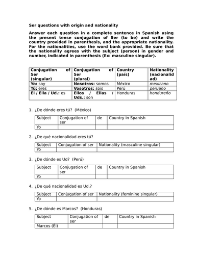 Ser questions with origin and nationality