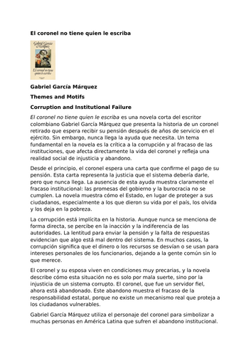 El coronel no tiene quien le escriba by Gabriel García Márquez – Themes and Motifs – Corruption