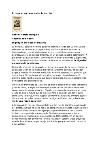 El coronel no tiene quien le escriba by Gabriel García Márquez – Themes and Motifs – Poverty