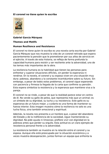 El coronel no tiene quien le escriba by Gabriel García Márquez – Themes - Resilience and Resistance