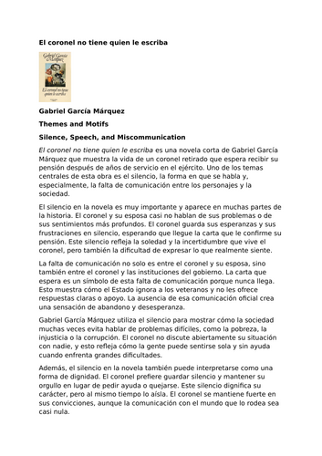 El coronel no tiene quien le escriba by Gabriel García Márquez – Themes and Motifs – Silence