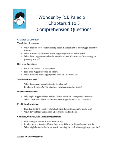Wonder - Reading Comprehension Pack (Chapter 1-185)