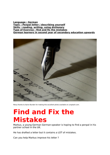 German, Penpal Letter, Find and Fix the Mistakes