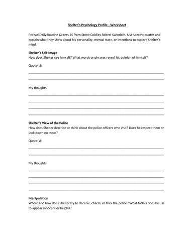 Stone Cold - Shelter’s Psychology Profile Worksheet
