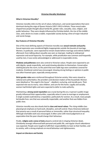 Victorian Morality Worksheet
