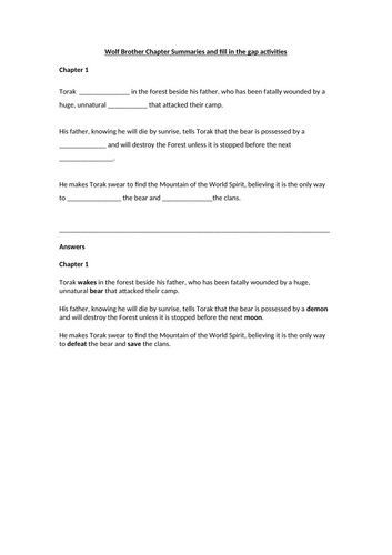 Wolf Brother - Chapter Summaries and Activity