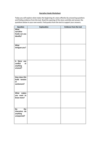 Narrative Hooks Worksheet