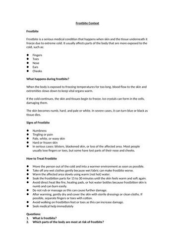 Frostbite Context Worksheet