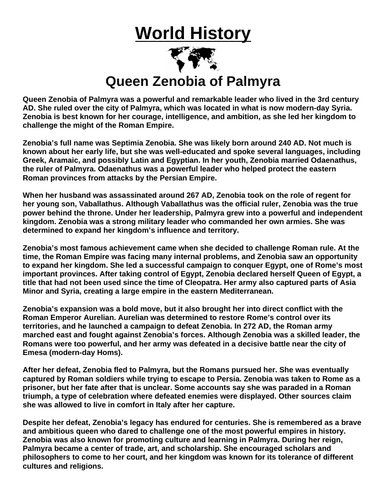 Queen Zenobia of Palmyra “Article & Questions” Assignment