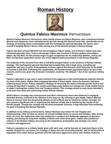 Quintus Fabius Maximus Verrucosus “Article & Questions” Assignment