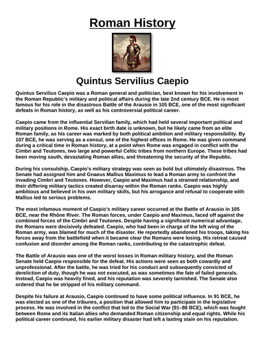 Quintus Servilius Caepio “Article & Questions” Assignment