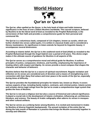Qur'an or Quran “Article & Questions” Assignment