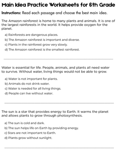 main idea multiple choice worksheets 6th grade