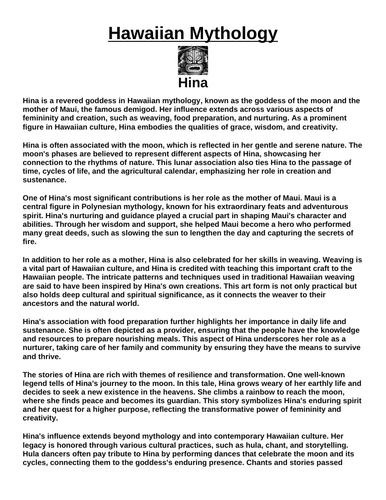 Hawaiian God: Hina “Article & Questions” Assignment