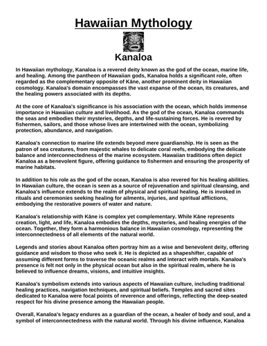 Hawaiian God: Kanaloa “Article & Questions” Assignment