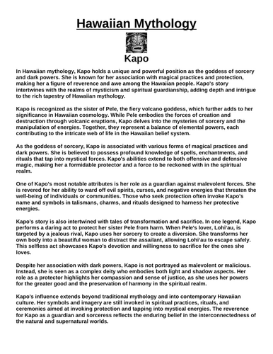 Hawaiian God: Kapo “Article & Questions” Assignment