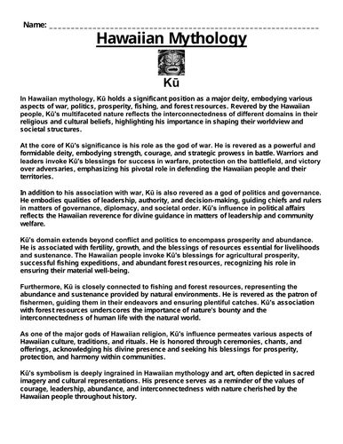 Hawaiian God: Kū “Article & Questions” Assignment