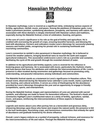 Hawaiian God: Lono “Article & Questions” Assignment