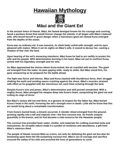 Hawaiian Myth: Māui and the Giant Eel “Article & Questions” Assignment