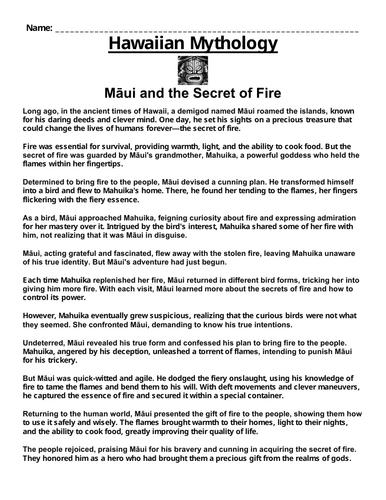 Hawaiian Myth: Māui and the Secret of Fire “Article & Questions” Assignment