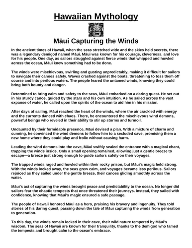 Hawaiian Myth: Māui Capturing the Winds “Article & Questions” Assignment