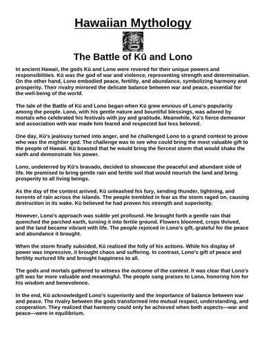 Hawaiian Myth: The Battle of Kū and Lono “Article & Questions” Assignment
