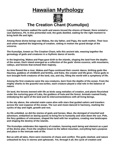 Hawaiian Myth: The Creation Chant (Kumulipo) “Article & Questions” Assignment