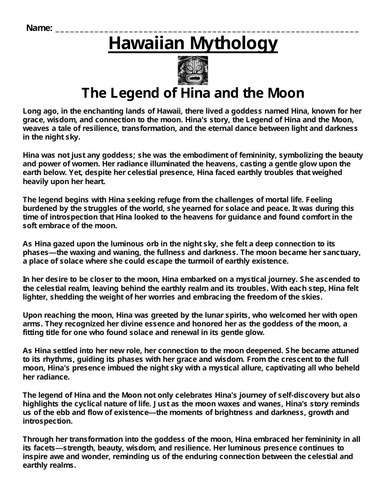 Hawaiian Myth: The Legend of Hina and the Moon “Article & Questions” Assignment