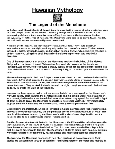 Hawaiian Myth: The Legend of the Menehune “Article & Questions” Assignment