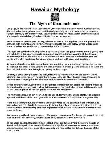 Hawaiian Myth: The Myth of Keaomelemele “Article & Questions” Assignment